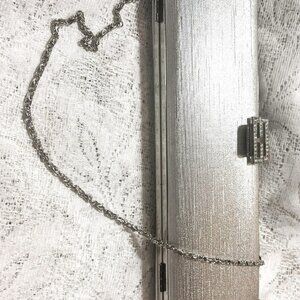 Vintage Silver Metallic Long Evening Clutch with Chain – Elegant Classic
